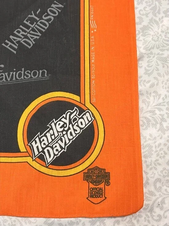 Vtg Harley Davidson Bandana 50/50 Made In USA Orange Black Emblems Official - Picture 2 of 4